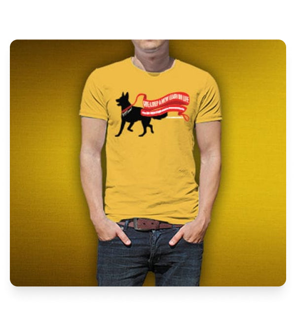 Goldenrod shirt with graphic of a dog with leash coming off with a message