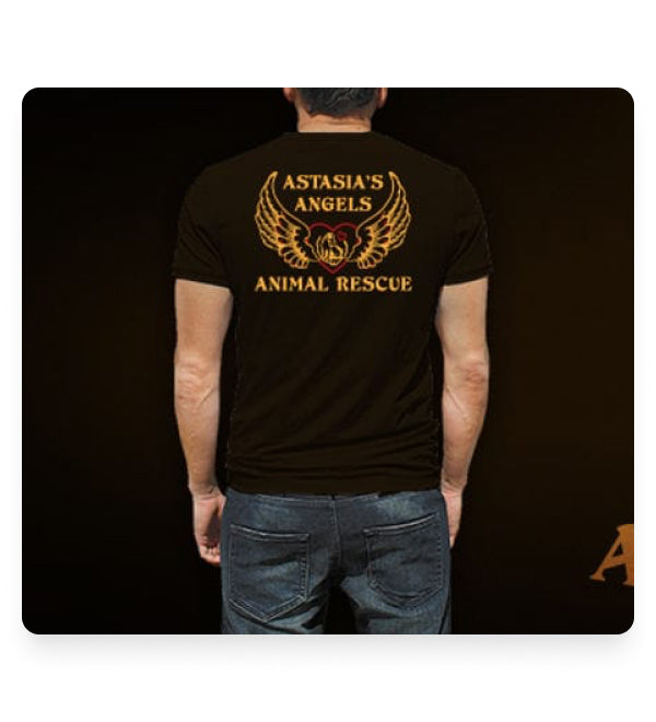 Black teeshirt with gold design on back: Astasia's angels with a set of wings beneath it