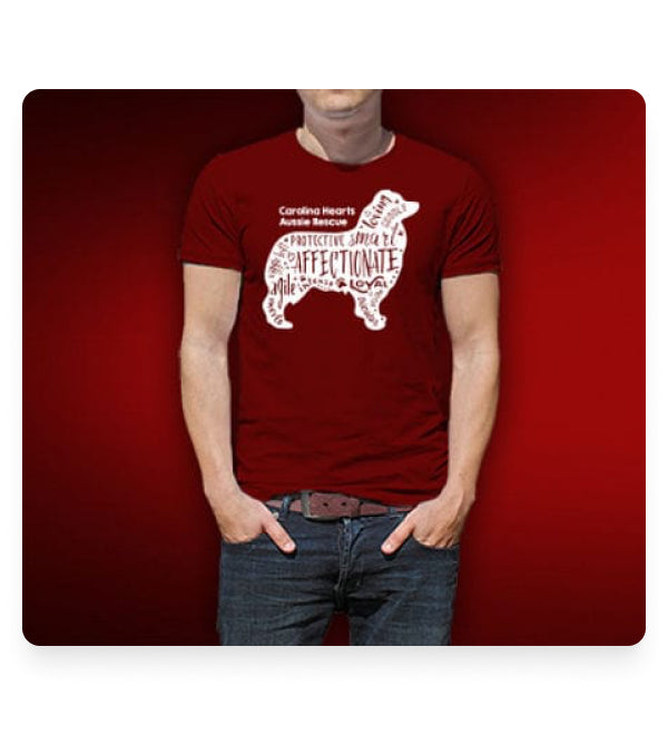 Maroon teeshirt with dog image filled with words describing it: affectionate, protective, etc