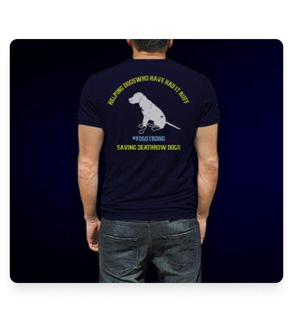 Black teeshirt with image of a Scotty dog on the back and message, "Helping dogs who have had it ruff."